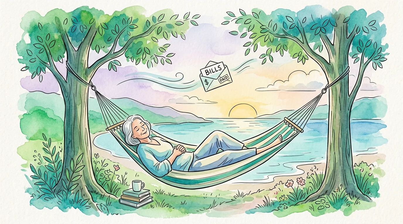 A serene watercolor illustration of a person relaxing in a hammock, symbolizing financial peace in retirement.