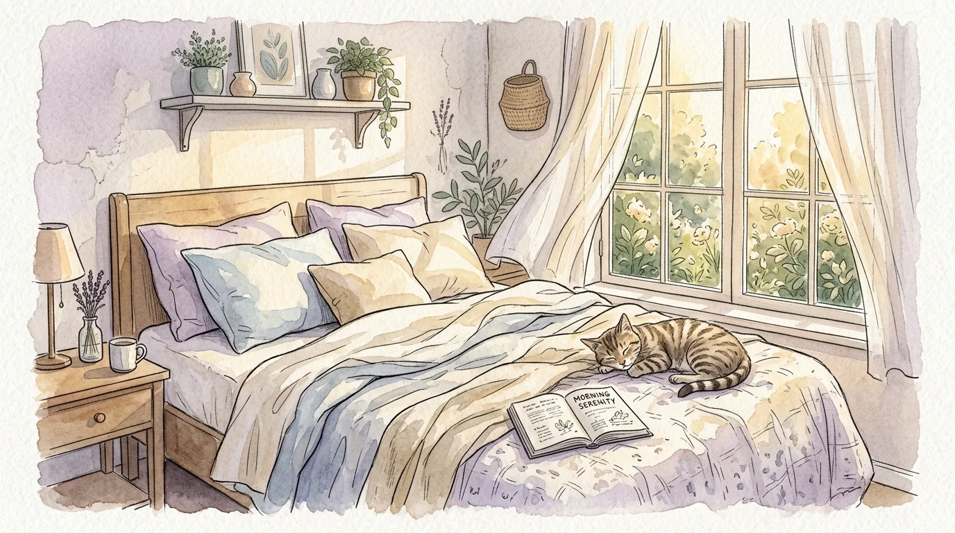 A soft watercolor illustration of a sunlit bedroom with rumpled linen sheets, an open book, and a sleeping cat.