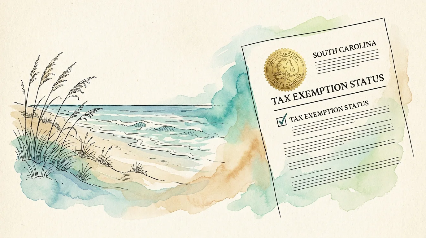 A split watercolor illustration combining a Myrtle Beach coastline with a stylized South Carolina tax exemption document.