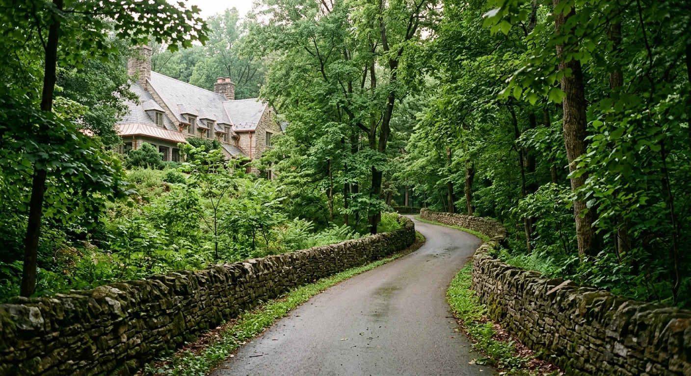 A stone wall and winding wooded road in Indian Hills, Louisville, with a historic stone manor peeking through trees.
