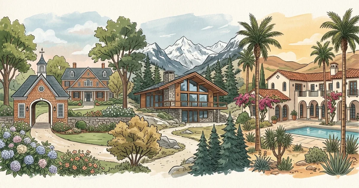 A stylized gouache illustration depicting a montage of luxurious regional homes, from coastal estates to mountain chalets.