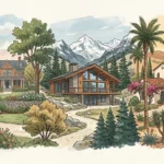 A stylized gouache illustration depicting a montage of luxurious regional homes, from coastal estates to mountain chalets.