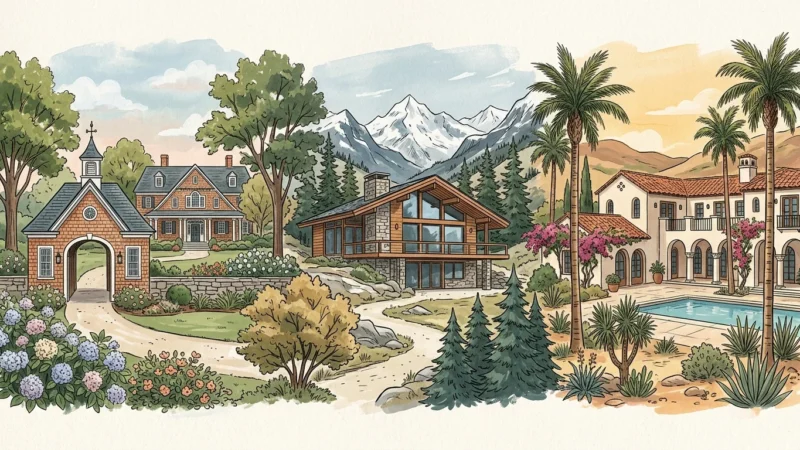A stylized gouache illustration depicting a montage of luxurious regional homes, from coastal estates to mountain chalets.