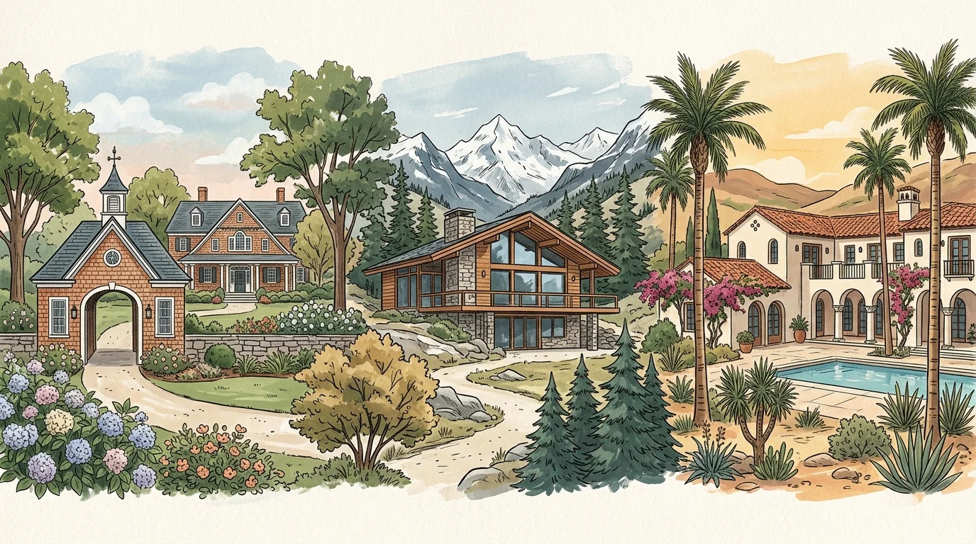 A stylized gouache illustration depicting a montage of luxurious regional homes, from coastal estates to mountain chalets.