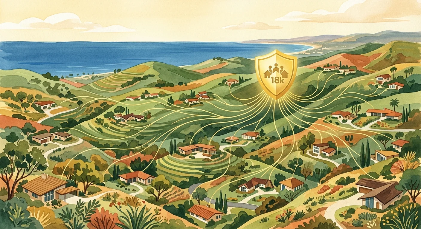 A stylized gouache illustration of Southern California hills and homes connected by golden lines, representing collective bargaining.