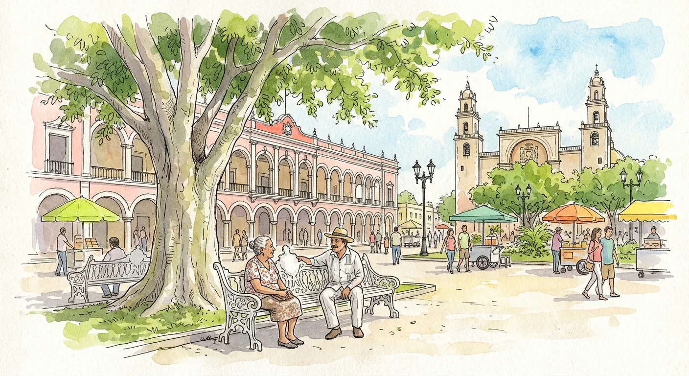 A sunny watercolor and ink illustration of a plaza in Merida, Mexico, with white S-shaped chairs and pink arches.