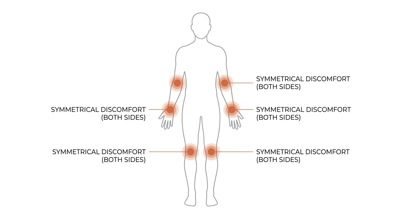 A symmetrical diagram of a human figure with matching joints on both sides highlighted in glowing terracotta circles.
