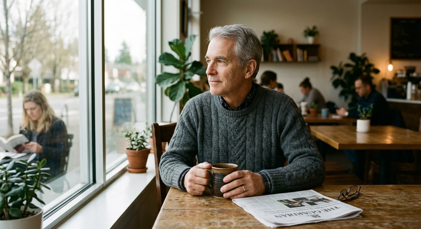 A thoughtful older man in a knit sweater sitting by a coffee shop window with a newspaper and a ceramic mug.