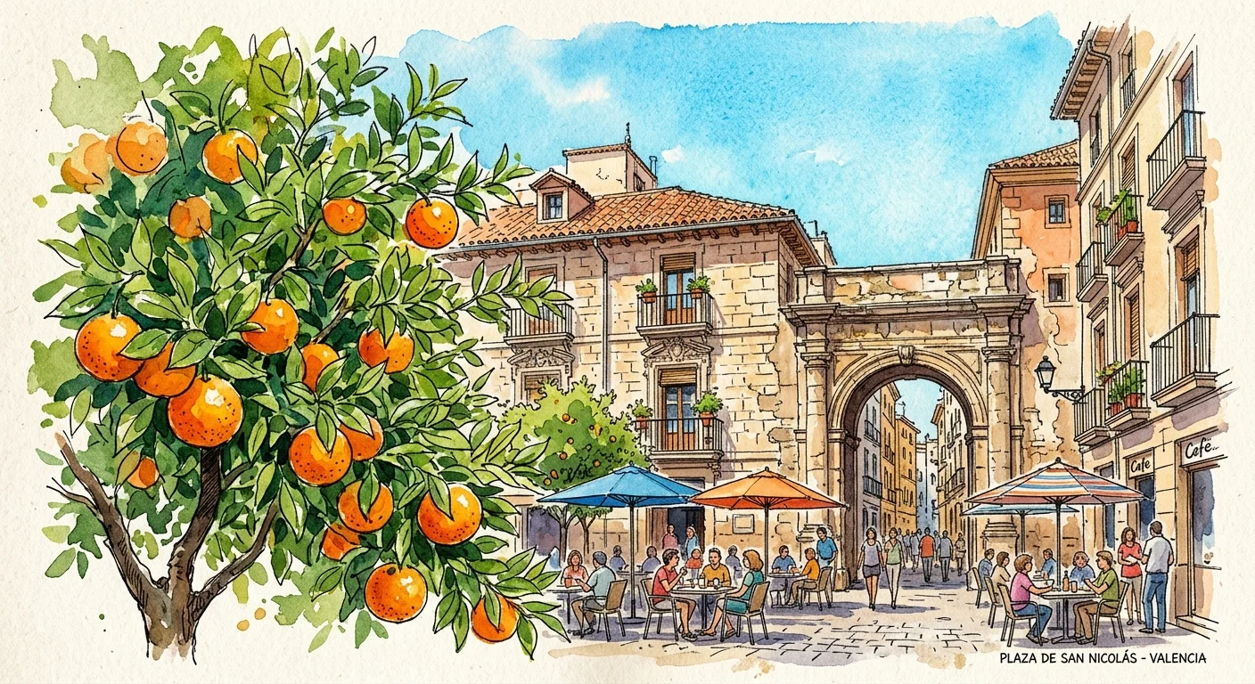 A vibrant watercolor and ink drawing of an orange-tree framed plaza in Valencia, Spain, with outdoor cafes and historic architecture.
