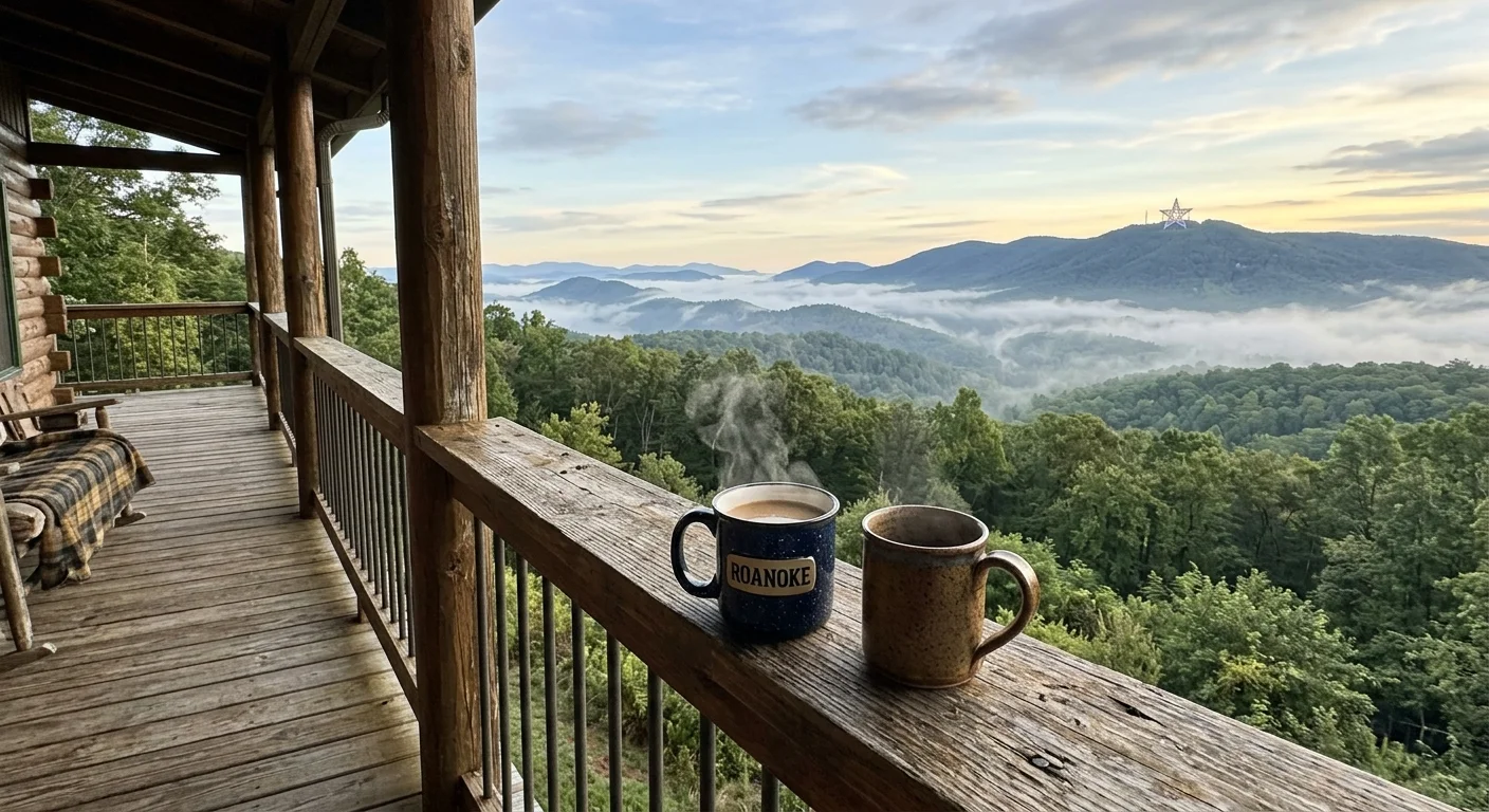 A view of the misty Blue Ridge Mountains from a rustic porch with steaming coffee mugs in Roanoke, Virginia.
