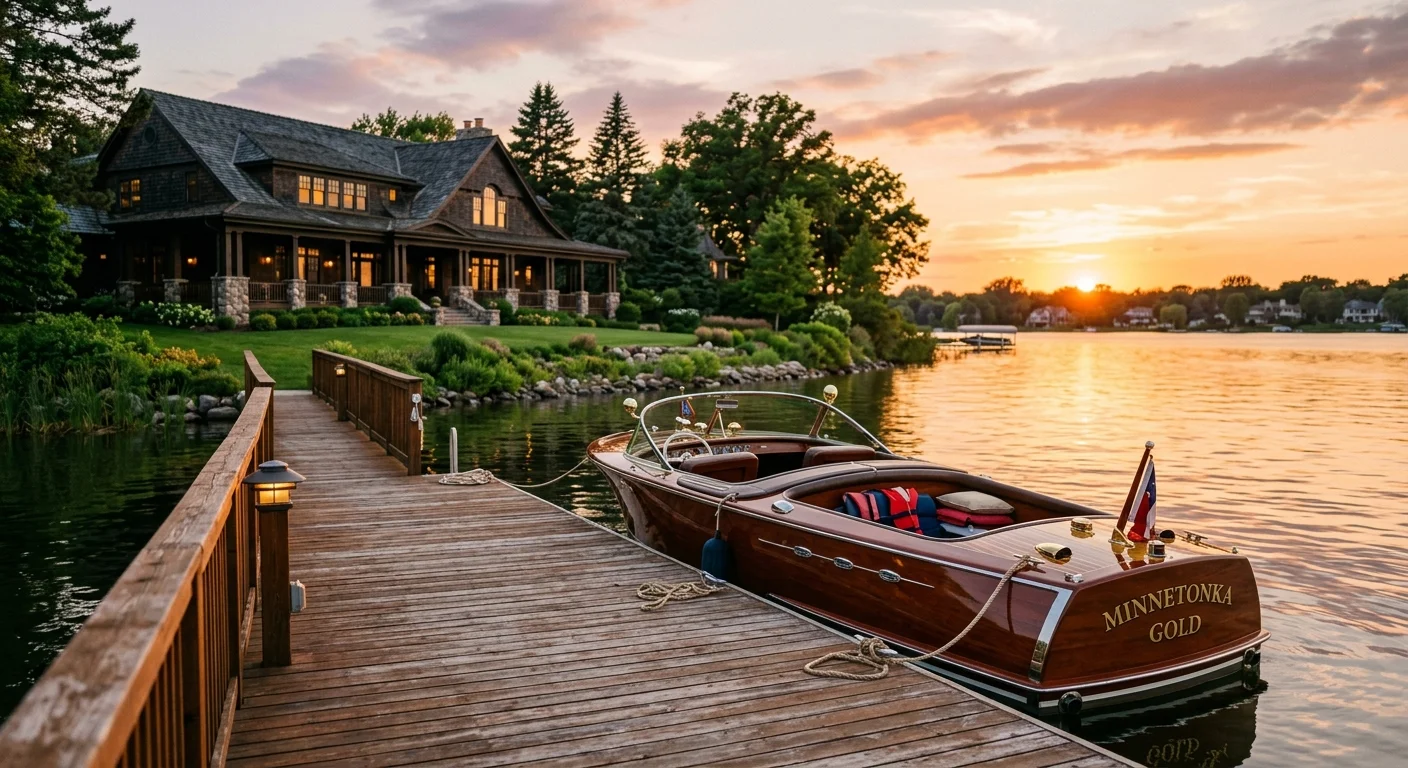 A vintage mahogany boat docked at a luxury Lake Minnetonka home in Wayzata, Minnesota, at sunset.