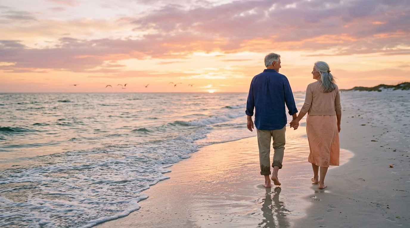A warm film photograph of a senior couple strolling along a peaceful Alabama beach at sunset.