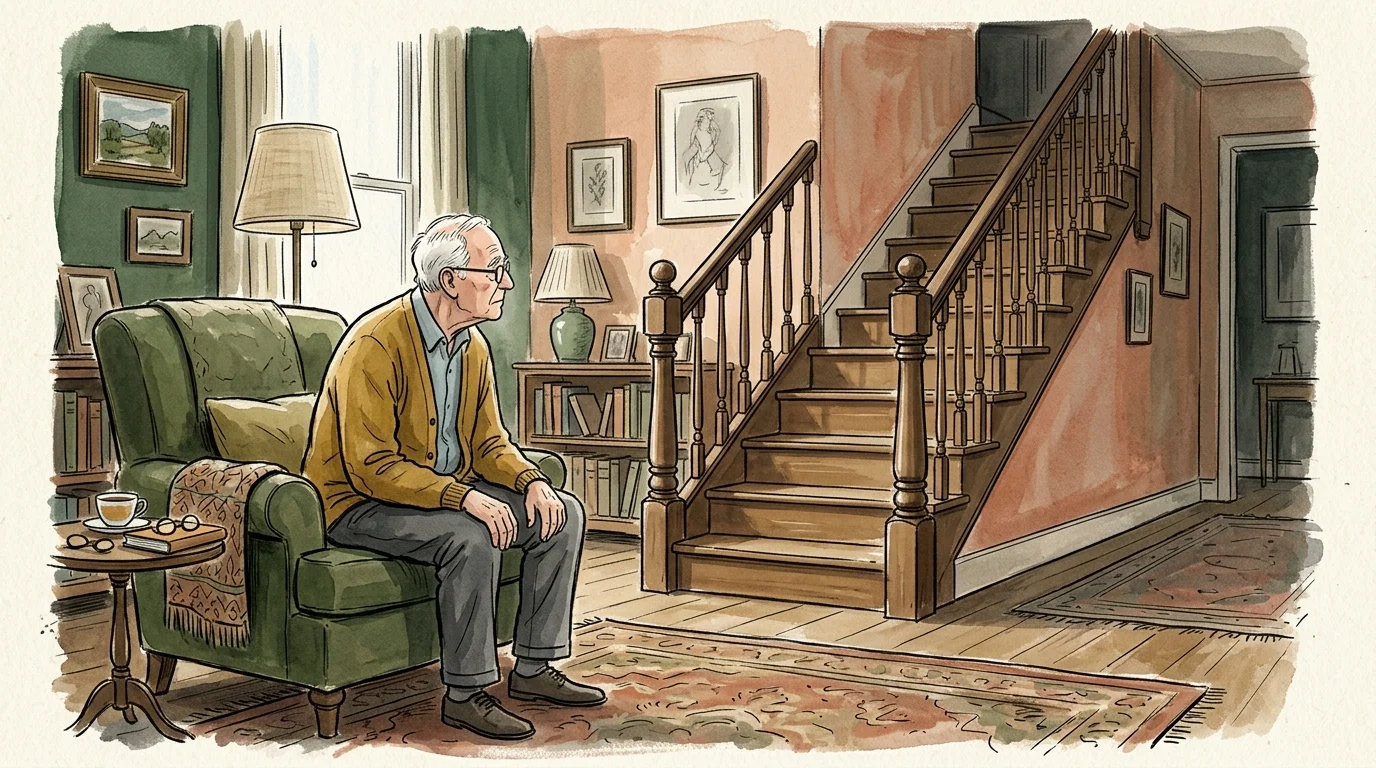 A warm gouache illustration of an older man sitting on an armchair, looking thoughtfully towards a wooden staircase.