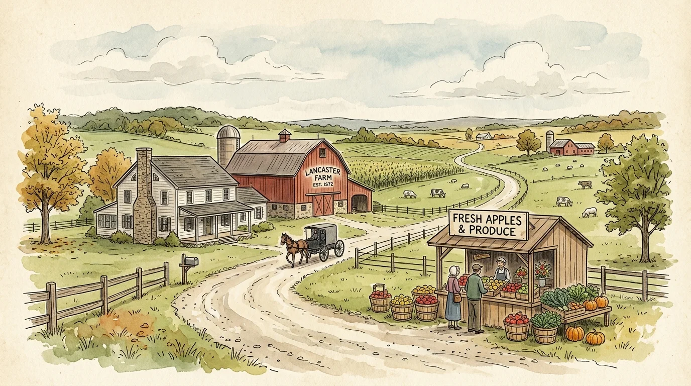 A warm ink and watercolor illustration of a country road, red barn, and fresh produce stand in rural Lancaster, Pennsylvania.
