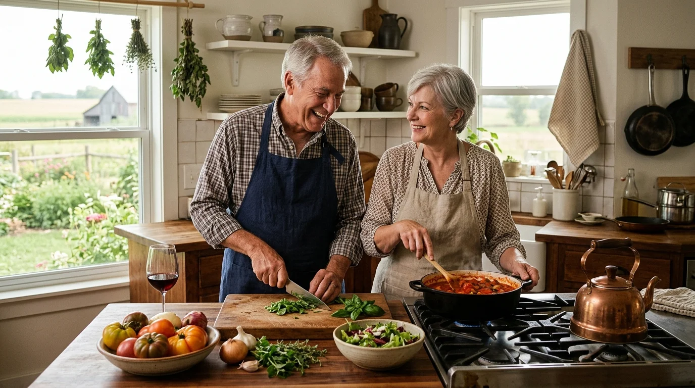 A warm, shallow-depth-of-field photo of an older couple happily cooking together in a bright, modern kitchen.