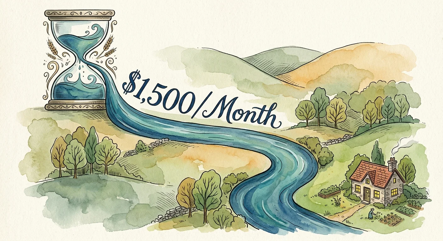A warm watercolor illustration of a steady blue river labeled $1,500 a month flowing toward a cozy cottage in a green valley.