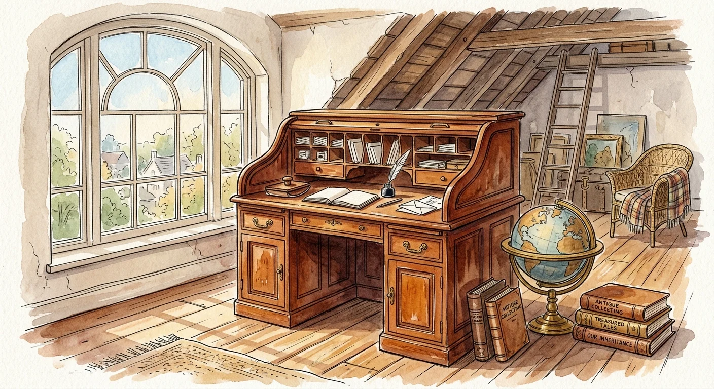 A warm watercolor illustration of a vintage wooden roll-top desk in a sunlit attic, symbolizing capital gains from selling valuable assets.