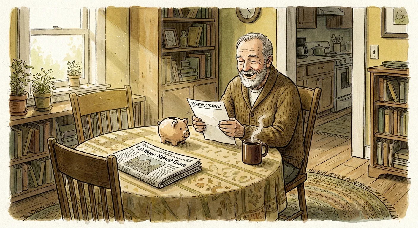A warm watercolor illustration of an older man reviewing a budget at a cozy table, symbolizing Fort Wayne's low cost of living.