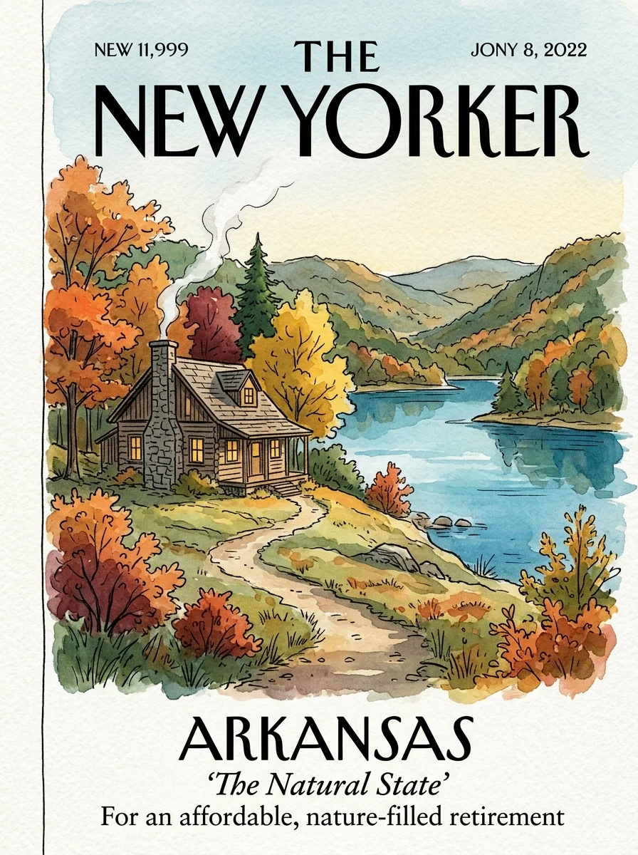 A watercolor and ink illustration of a cozy lakeside cabin surrounded by colorful autumn trees in the Ozark Mountains of Arkansas.