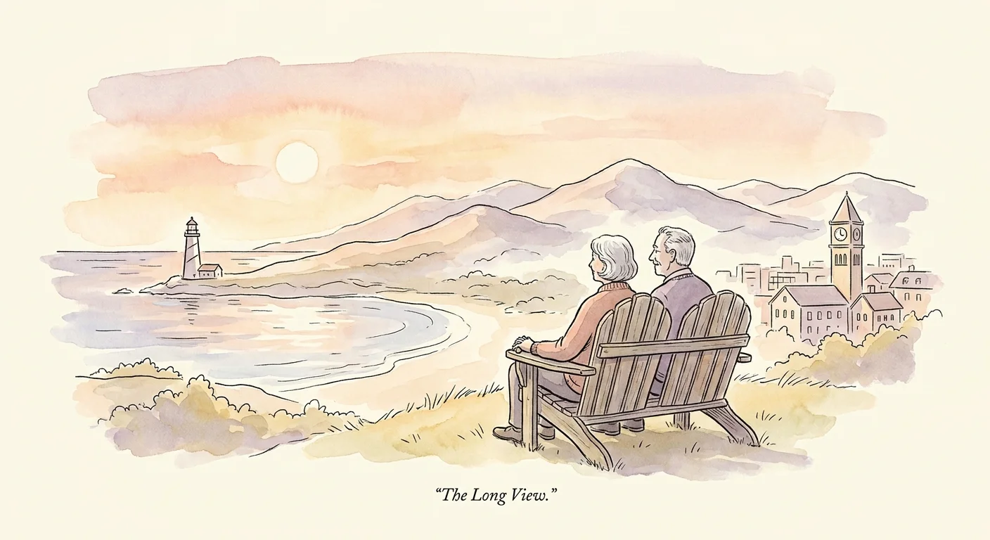 A watercolor illustration of a couple sitting on a bench looking at a landscape that blends coast, mountains, and town.