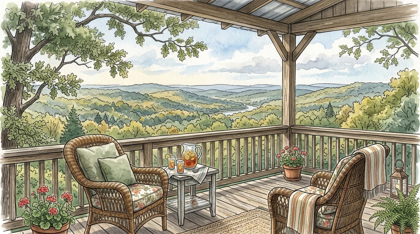 A watercolor illustration of a cozy back porch overlooking the serene Ozark hills of Missouri.