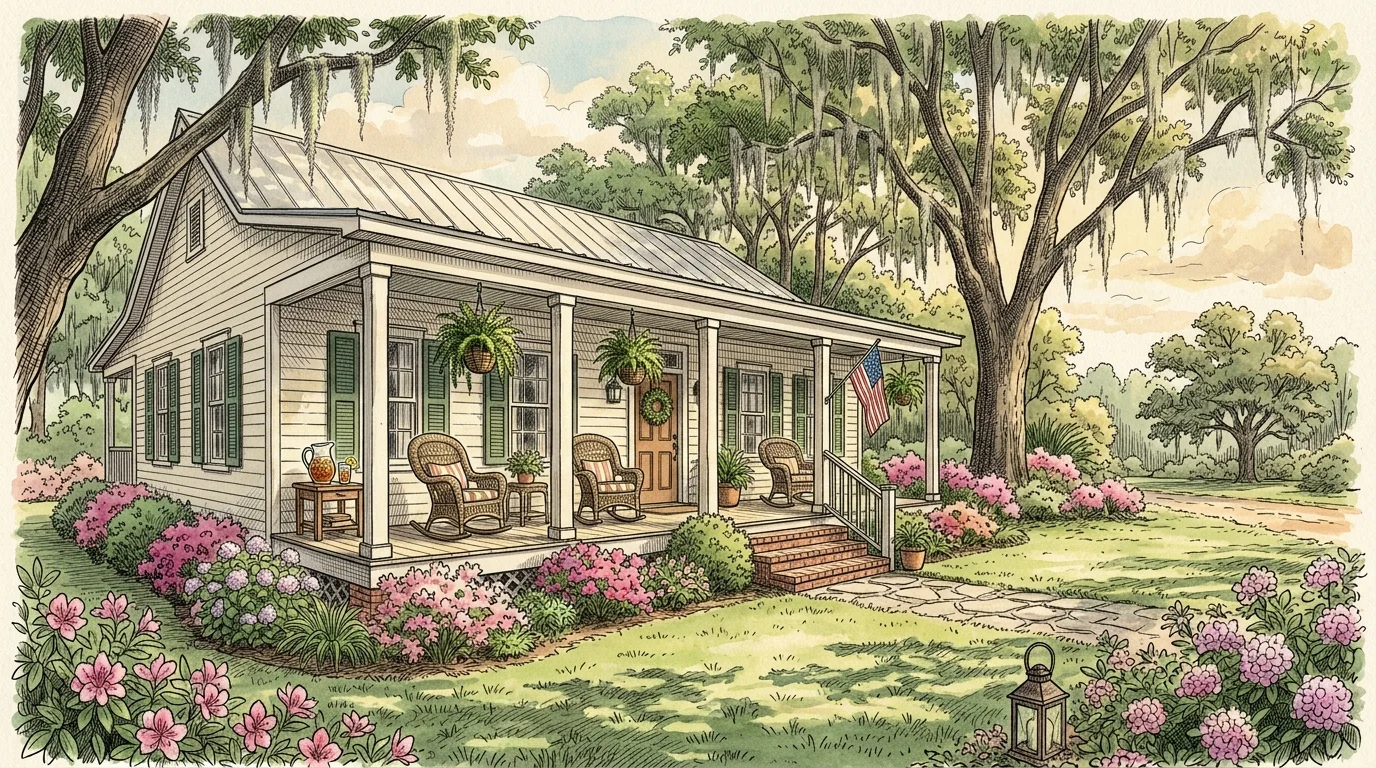 A watercolor illustration of a historic Southern cottage with a large front porch and blooming pink azaleas in Alabama.