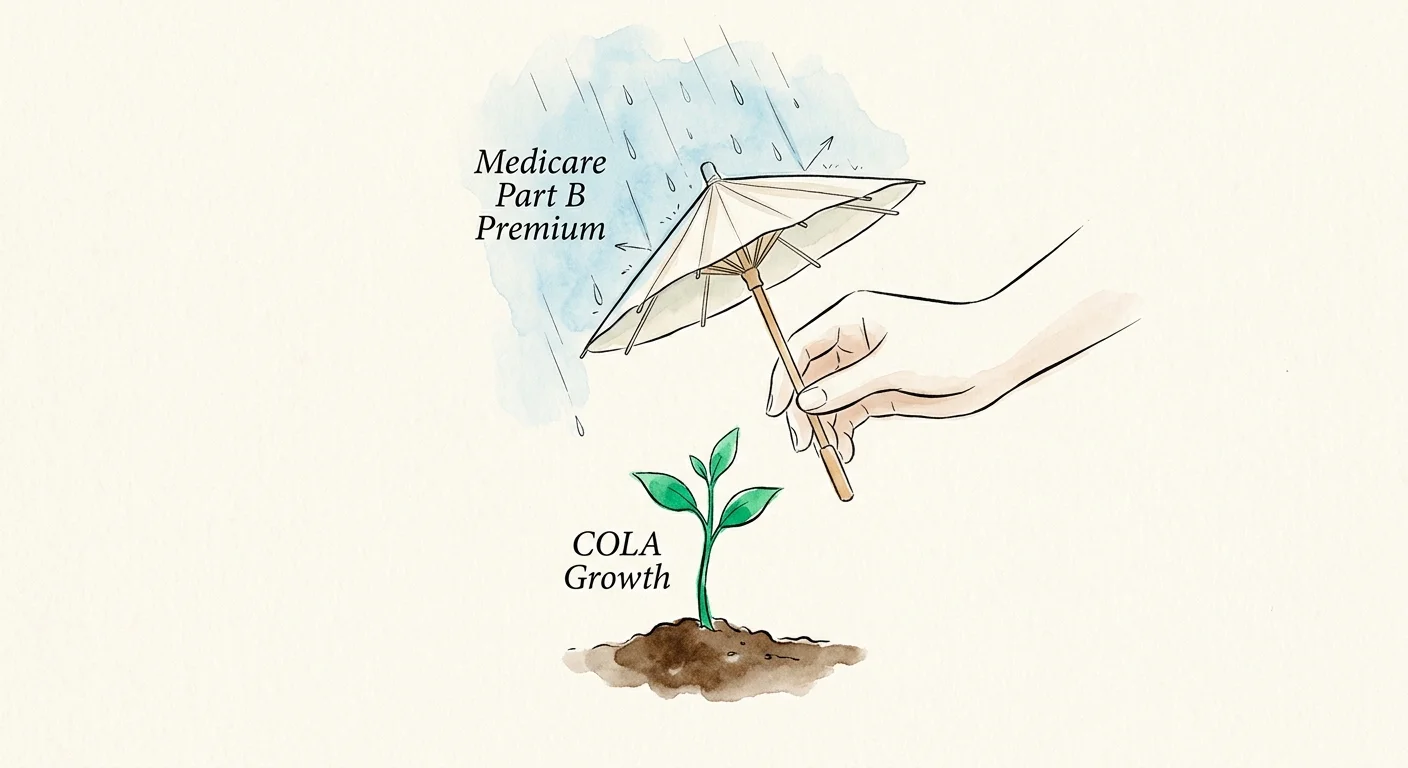 A watercolor illustration of an umbrella shielding a green sprout from rain, symbolizing protection of retirement gains.