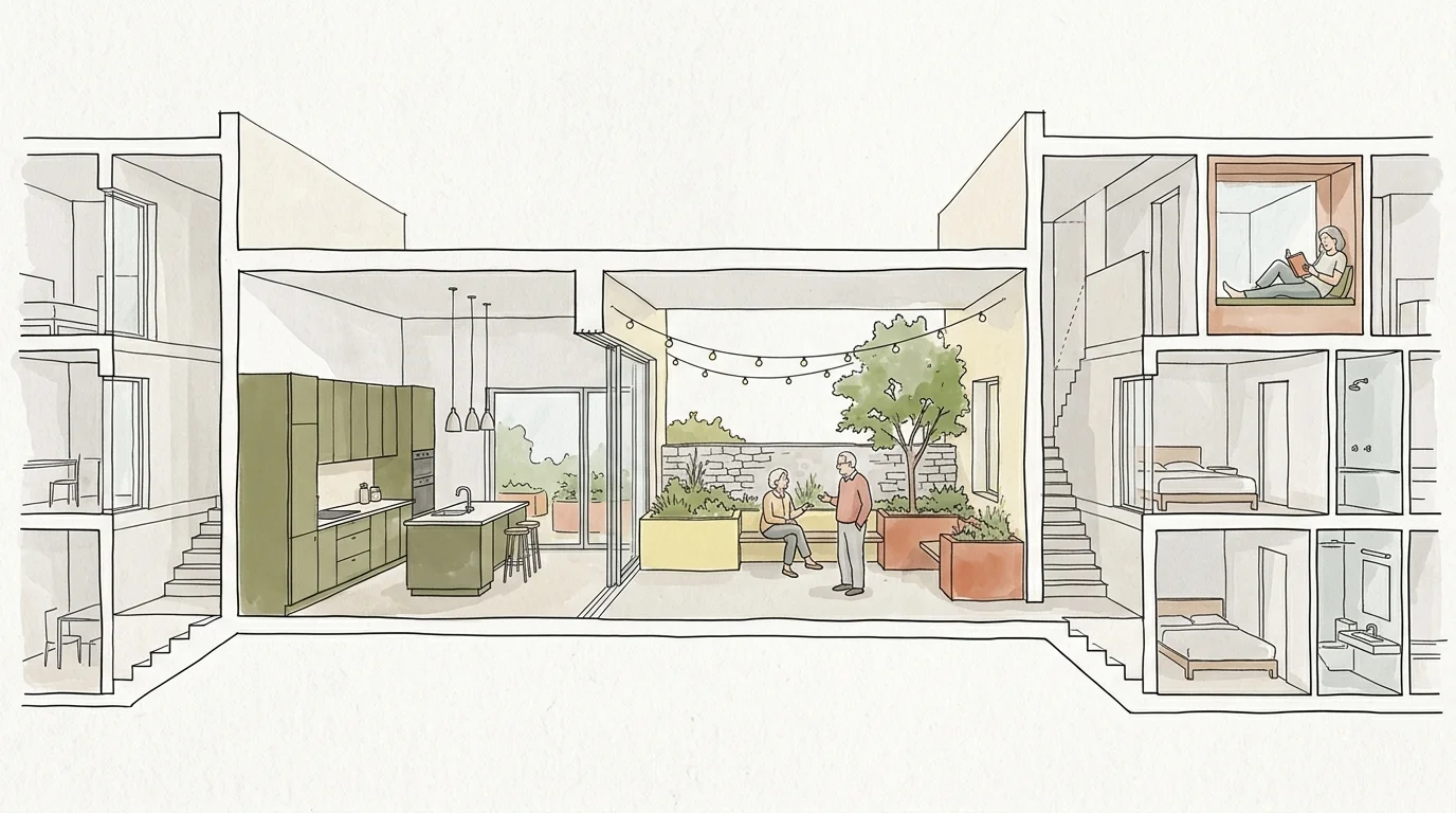 A watercolor illustration showing a cross-section of a modern co-living space with shared gardens and private rooms.