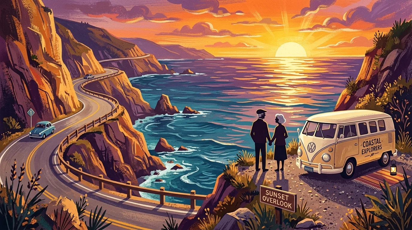 A whimsical gouache illustration of a vintage camper van parked on a coastal cliff at sunset.