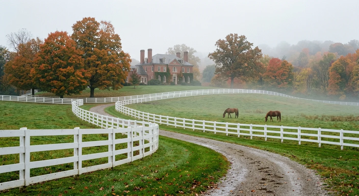 A white horse fence and rolling green pasture in Indian Hill, Ohio, with a Georgian brick manor in the misty background.