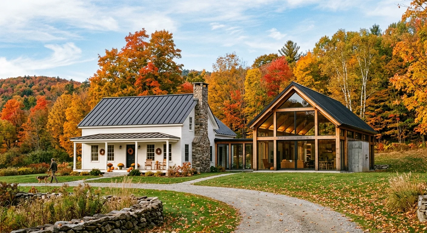 A white Vermont farmhouse surrounded by vibrant red and gold autumn trees in Stowe, Vermont.
