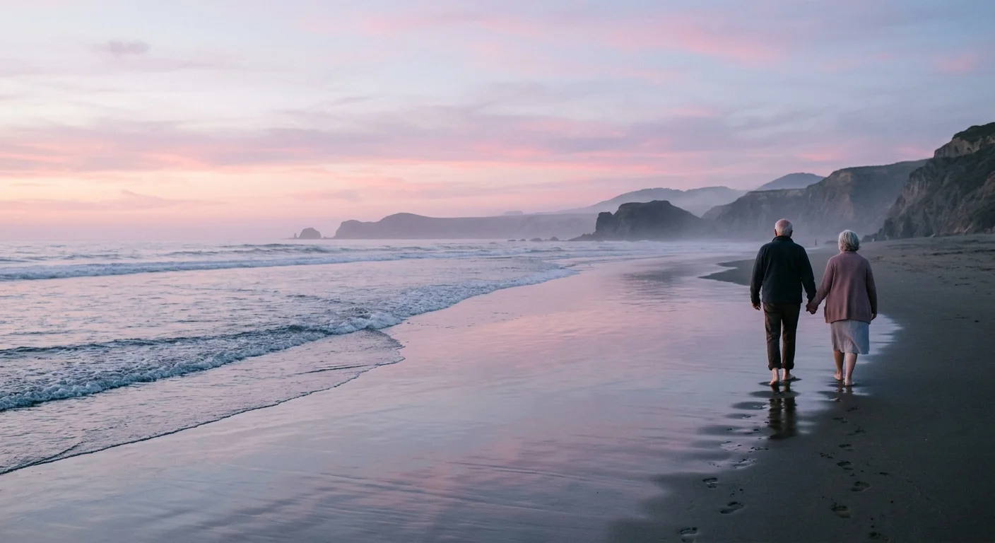 A wide-angle sunset photograph of an older couple walking hand-in-hand along a misty, peaceful ocean beach.
