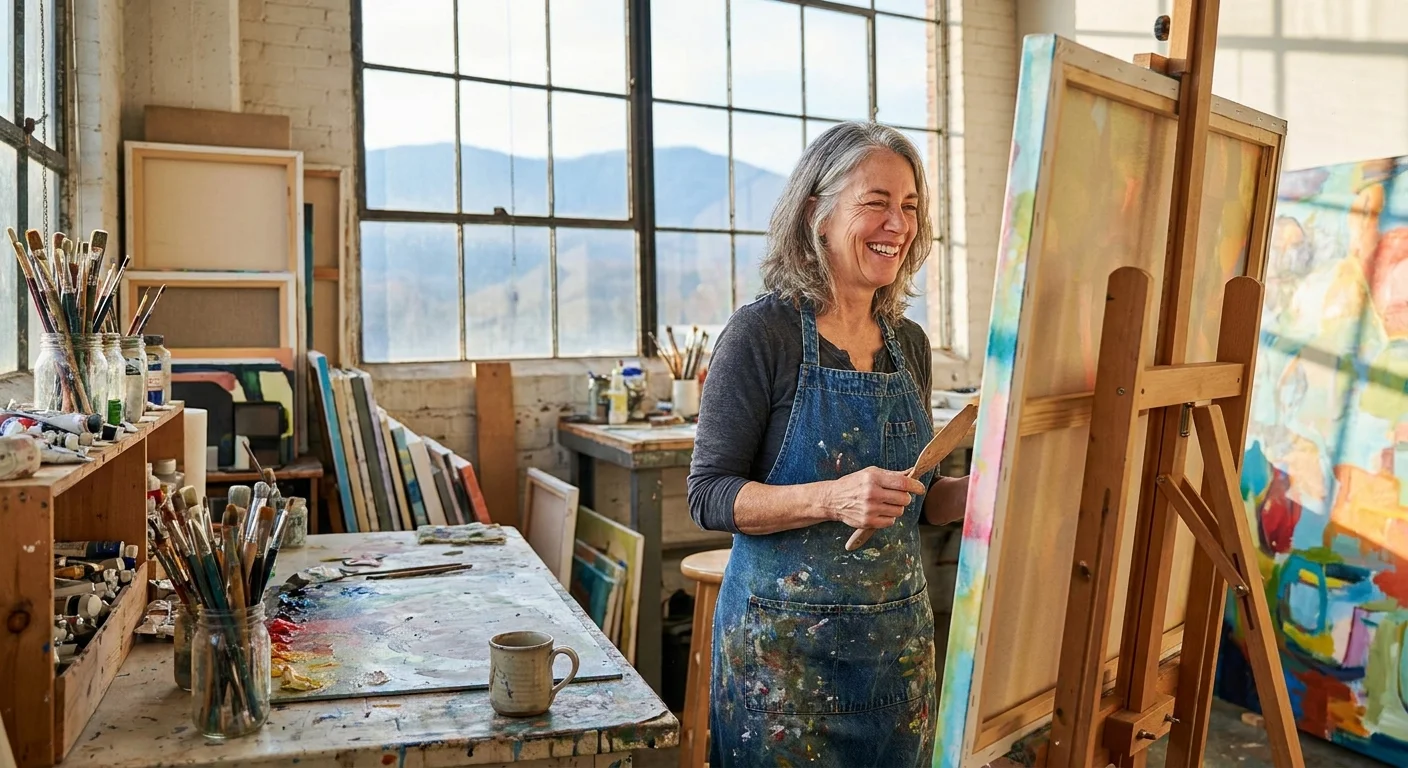 A woman painting an abstract canvas in her sunlit industrial loft art studio in Asheville, North Carolina.