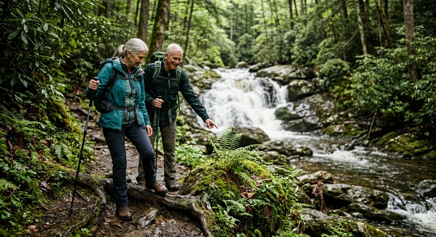 Active retirees hiking a lush, mossy forest trail near a cascading waterfall in Brevard, North Carolina.