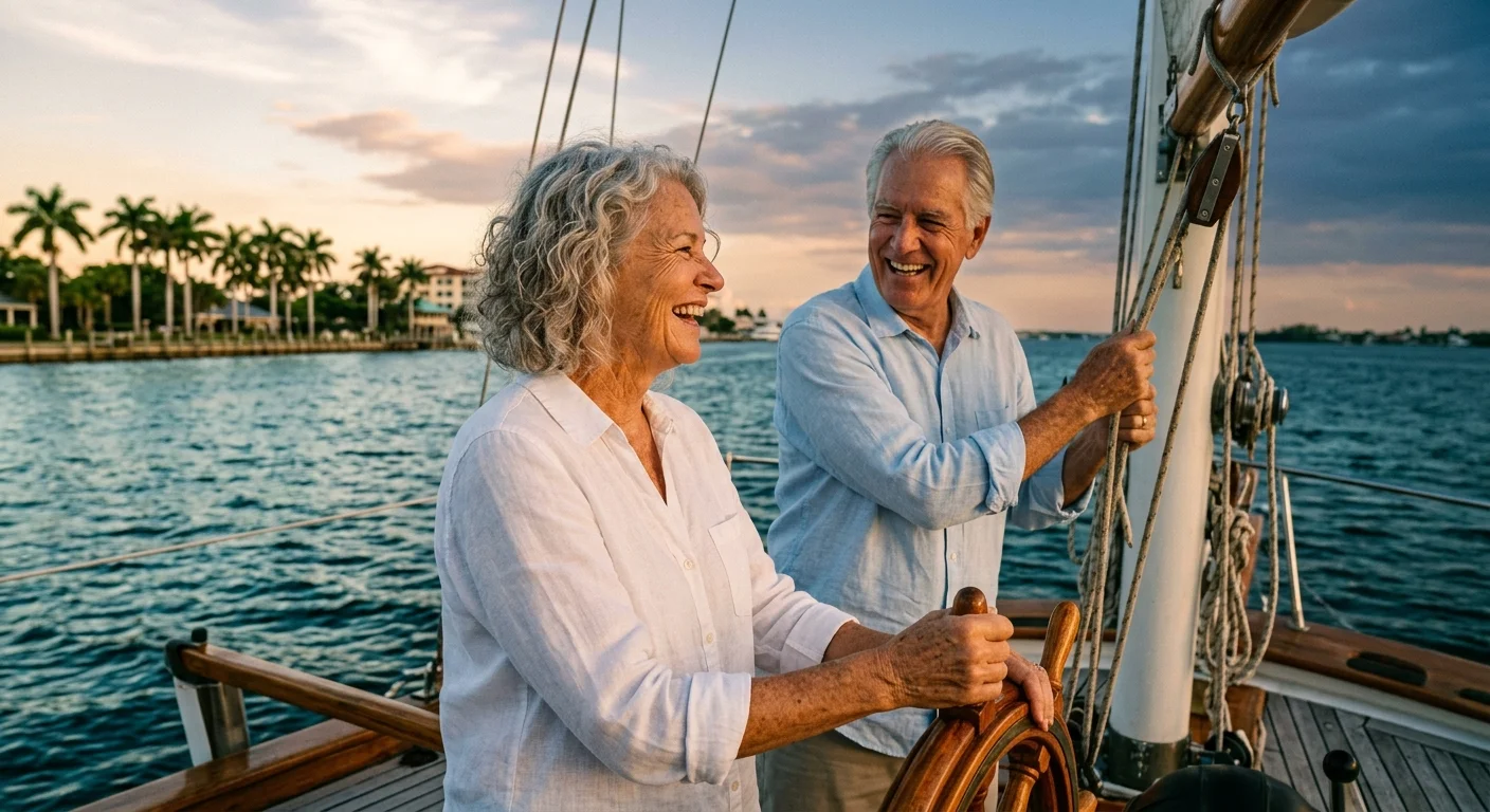 Active senior couple smiling while sailing on Charlotte Harbor in Punta Gorda, Florida, during golden hour.