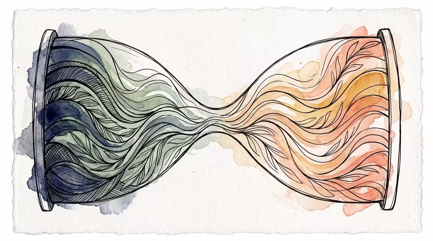 An abstract ink and watercolor illustration of a horizontal hourglass filled with organic shapes, representing bodily rhythms.