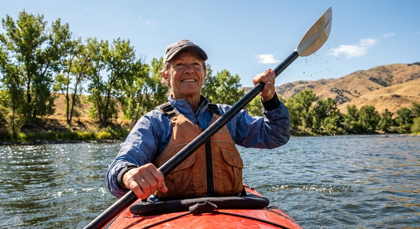 An active older woman smiling while kayaking on the scenic Boise River under a bright blue Idaho sky.