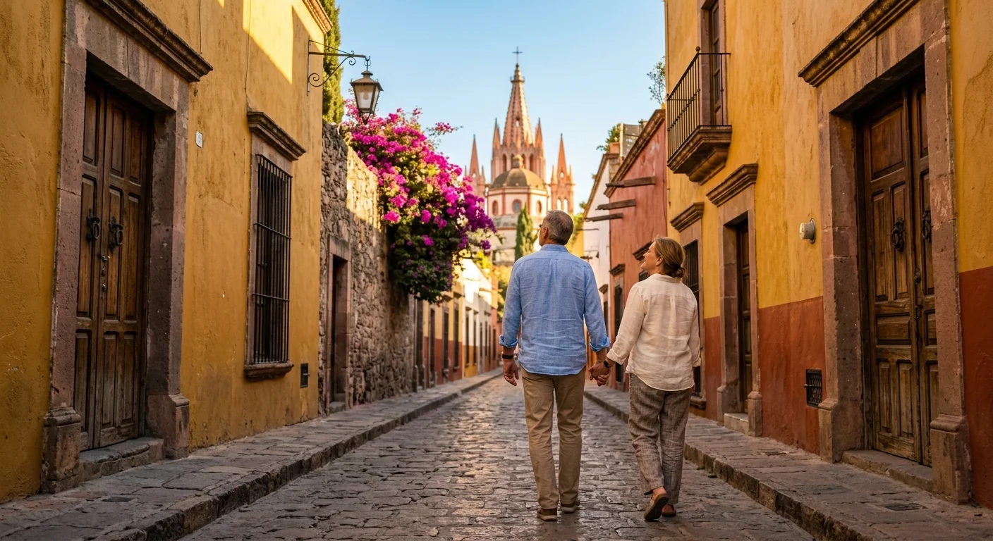 An active retired couple walks down a vibrant cobblestone street in San Miguel de Allende, Mexico, with colonial architecture in the backgro