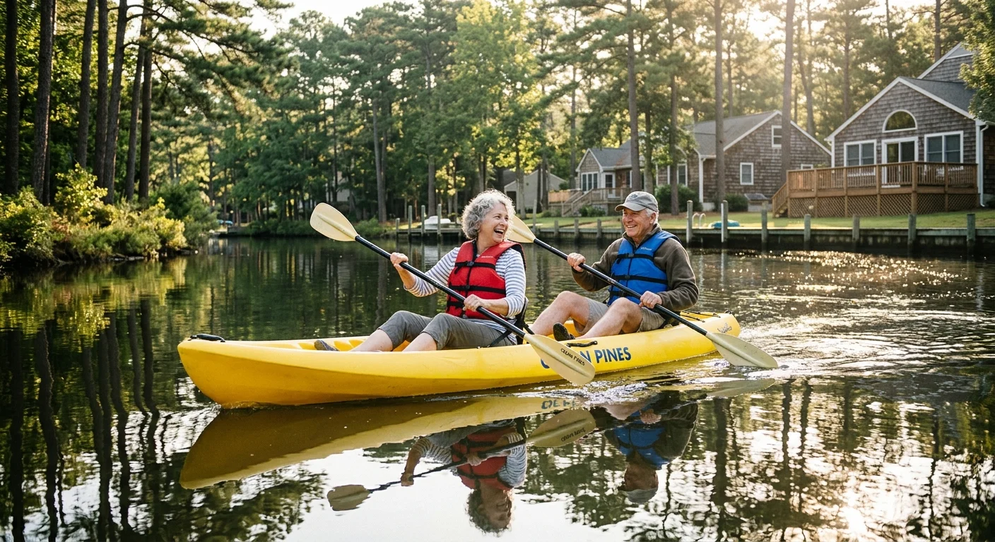 An active senior couple paddling a yellow tandem kayak down a peaceful pine-lined canal in Ocean Pines, Maryland.