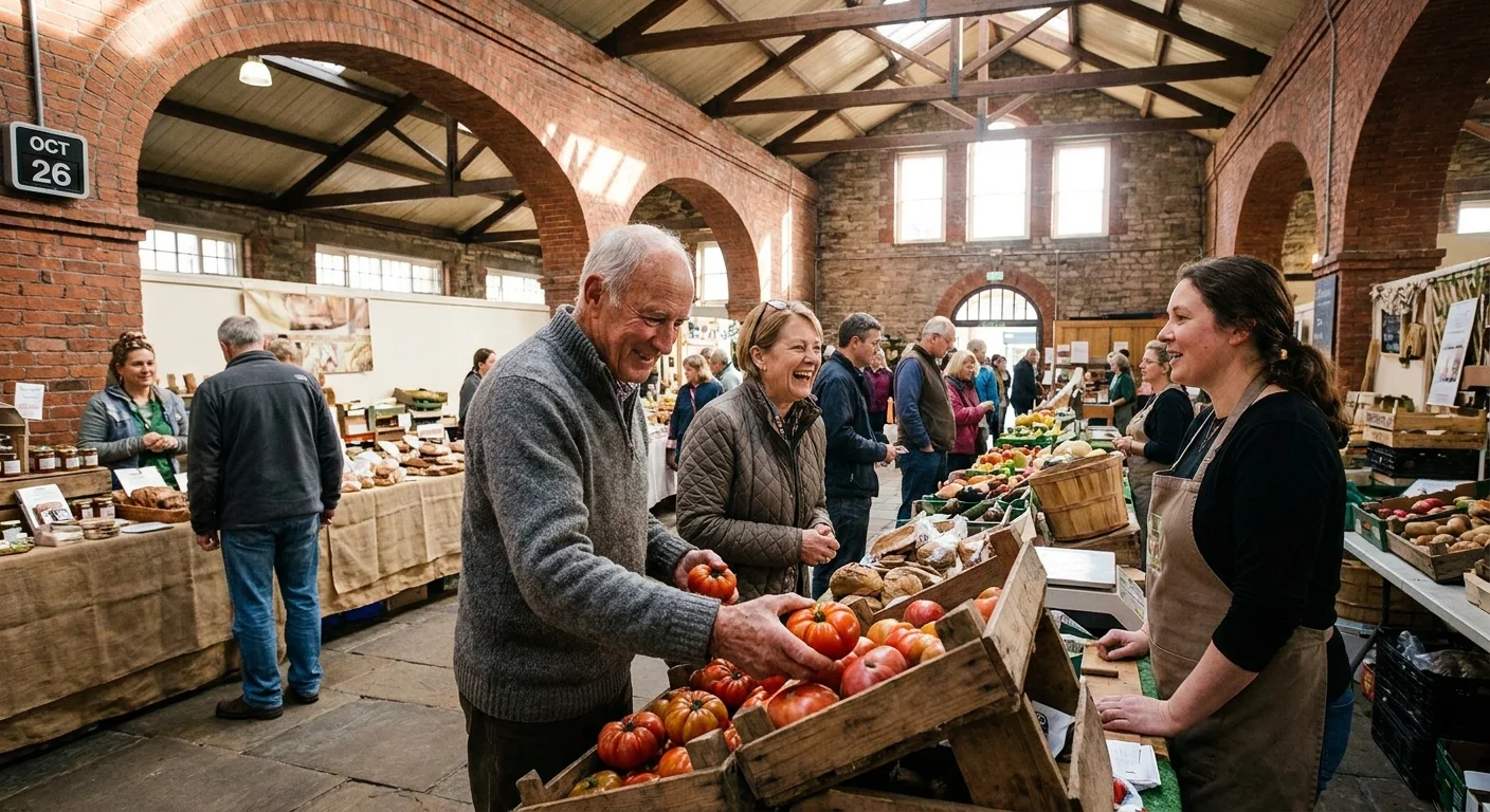 An active senior couple shopping for fresh produce at the historic Lancaster Central Market in Pennsylvania.