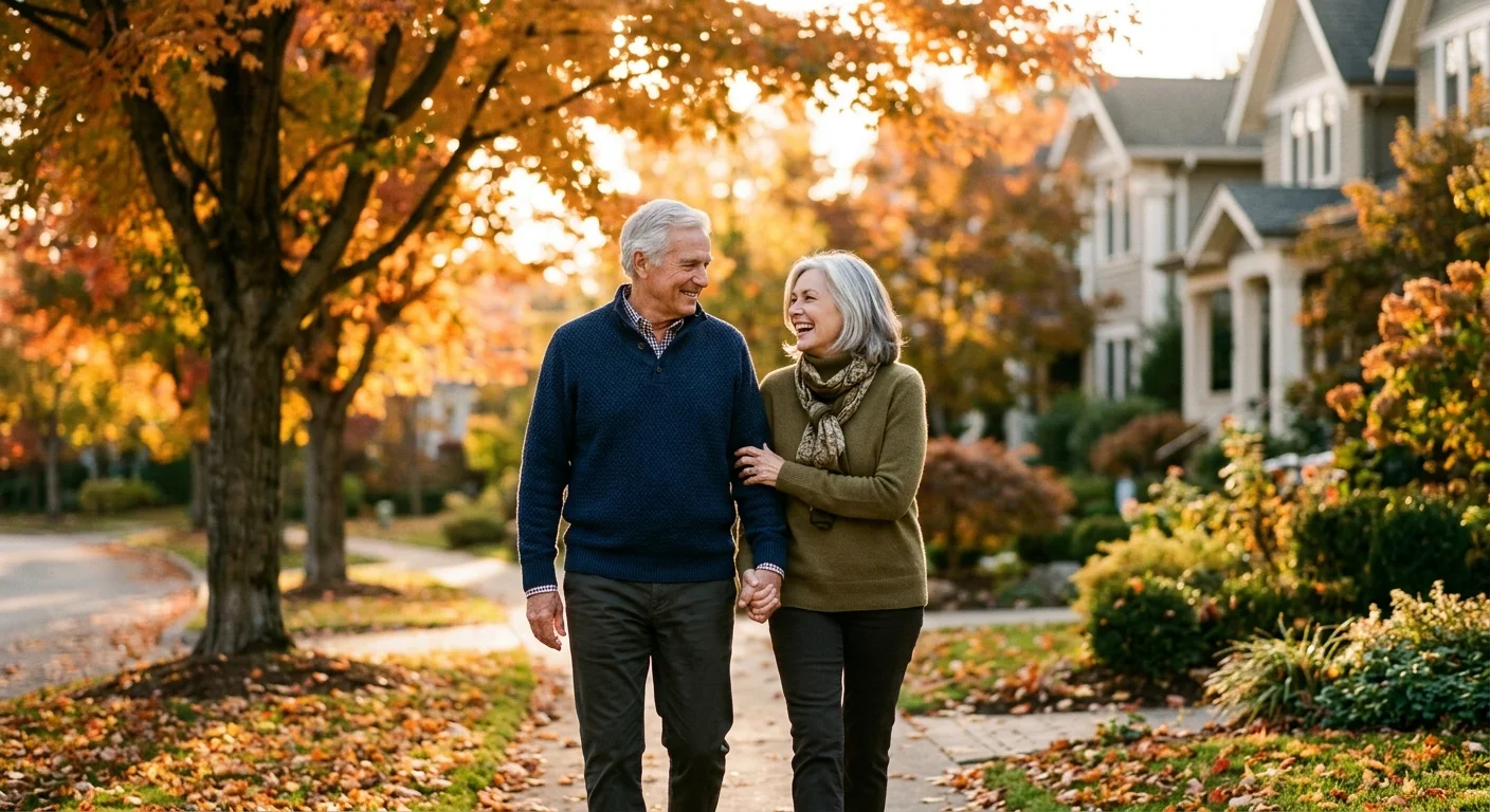 An active senior couple walking down a beautiful, sunlit neighborhood street, smiling and enjoying a peaceful evening.