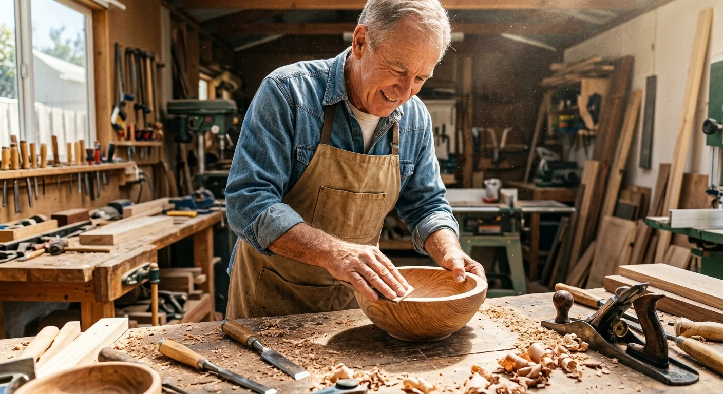 An active senior man sanding a hand-crafted wooden bowl in a sunny backyard workshop.