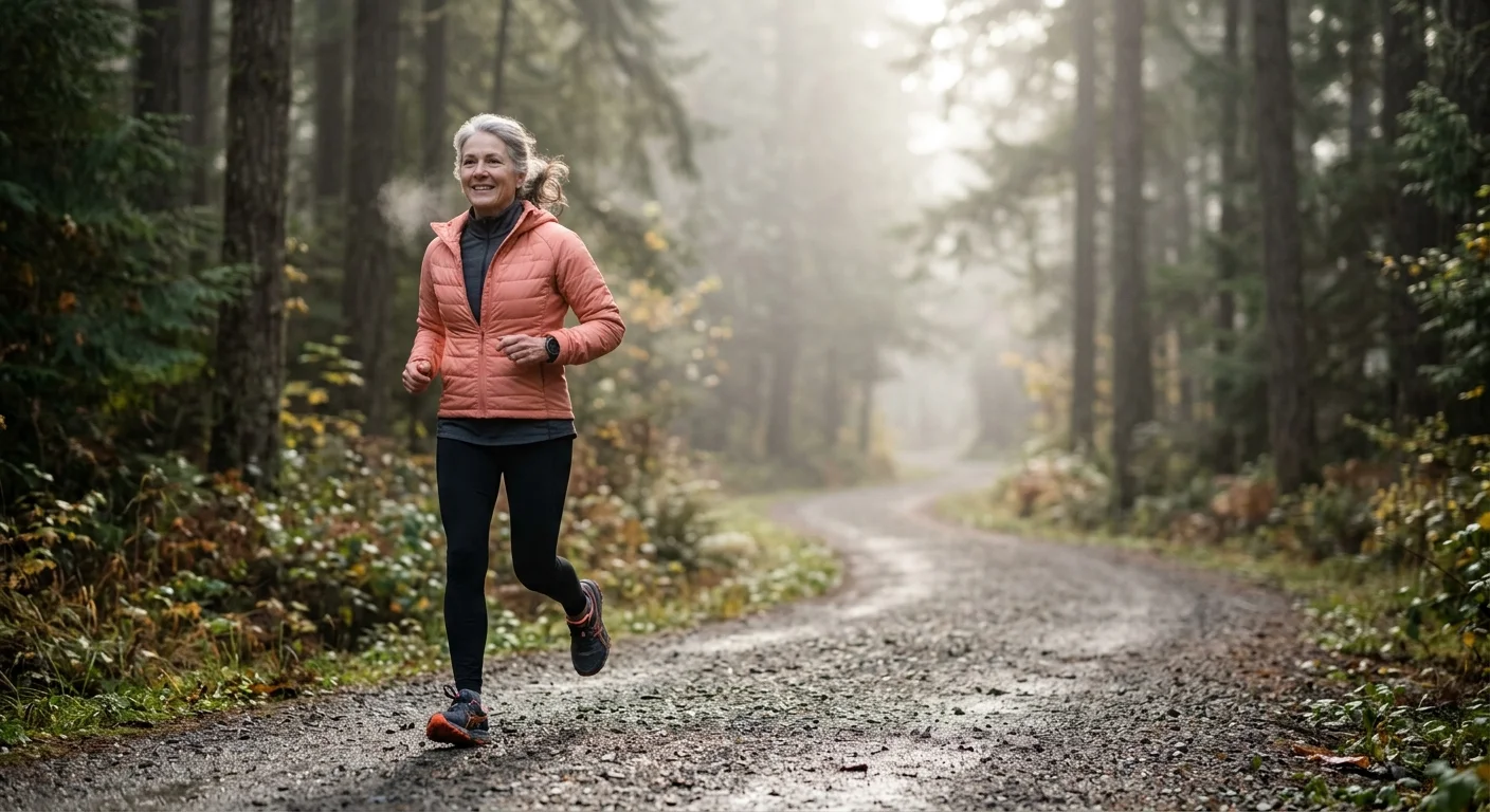 An active senior woman jogging along a misty gravel path in a pine forest during a peaceful morning.