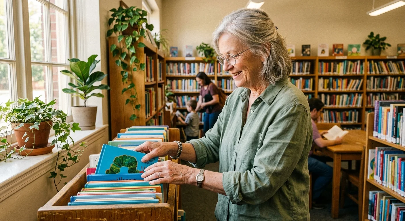 An active senior woman smiles while volunteering at a local community library filled with books and sunlight.