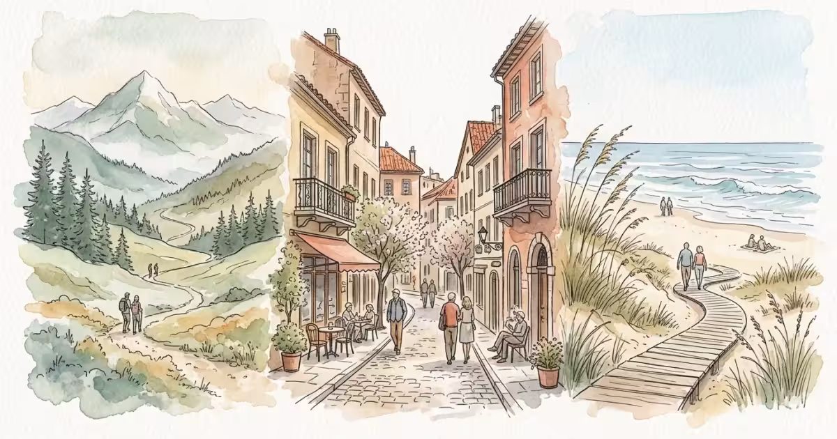 An artistic watercolor montage of mountains, a European village, and a peaceful coastline in a New Yorker magazine style.