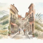 An artistic watercolor montage of mountains, a European village, and a peaceful coastline in a New Yorker magazine style.