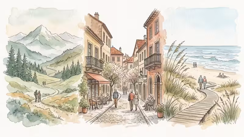 An artistic watercolor montage of mountains, a European village, and a peaceful coastline in a New Yorker magazine style.