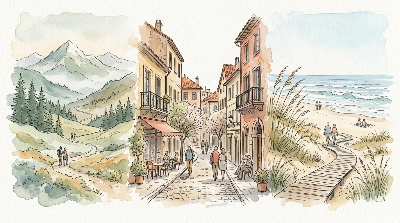 An artistic watercolor montage of mountains, a European village, and a peaceful coastline in a New Yorker magazine style.
