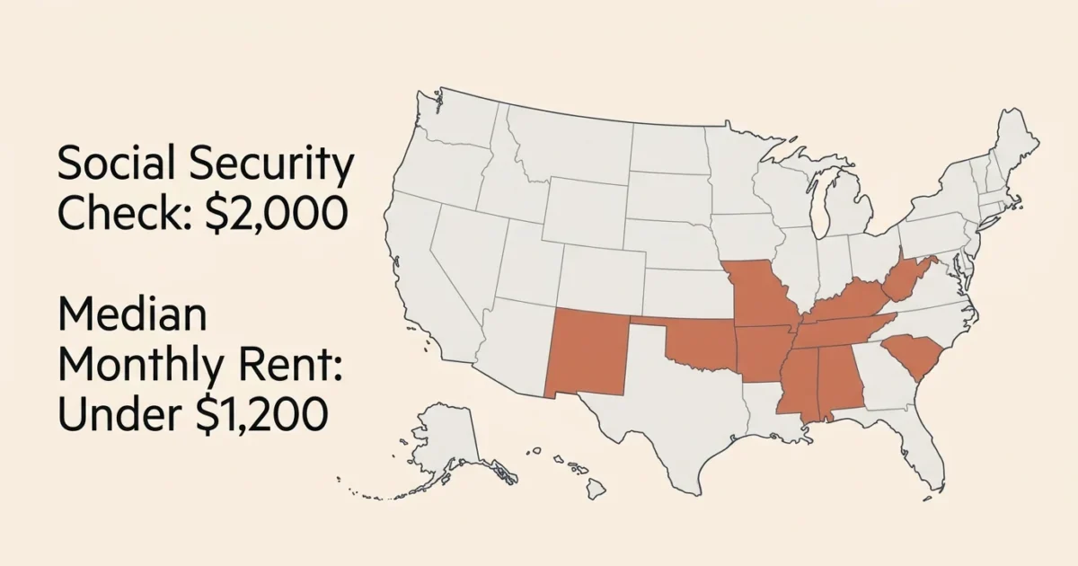 An editorial US map infographic highlighting affordable states for retirees with a budget breakdown under a $2,000 monthly budget.