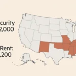 An editorial US map infographic highlighting affordable states for retirees with a budget breakdown under a $2,000 monthly budget.